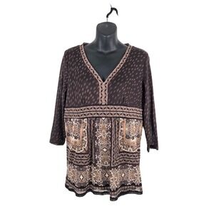 Axcess Brown Paisley Mesh V-Neck 3/4 Sleeve Babydoll Top L Boho Hippie Y2K 90s‎